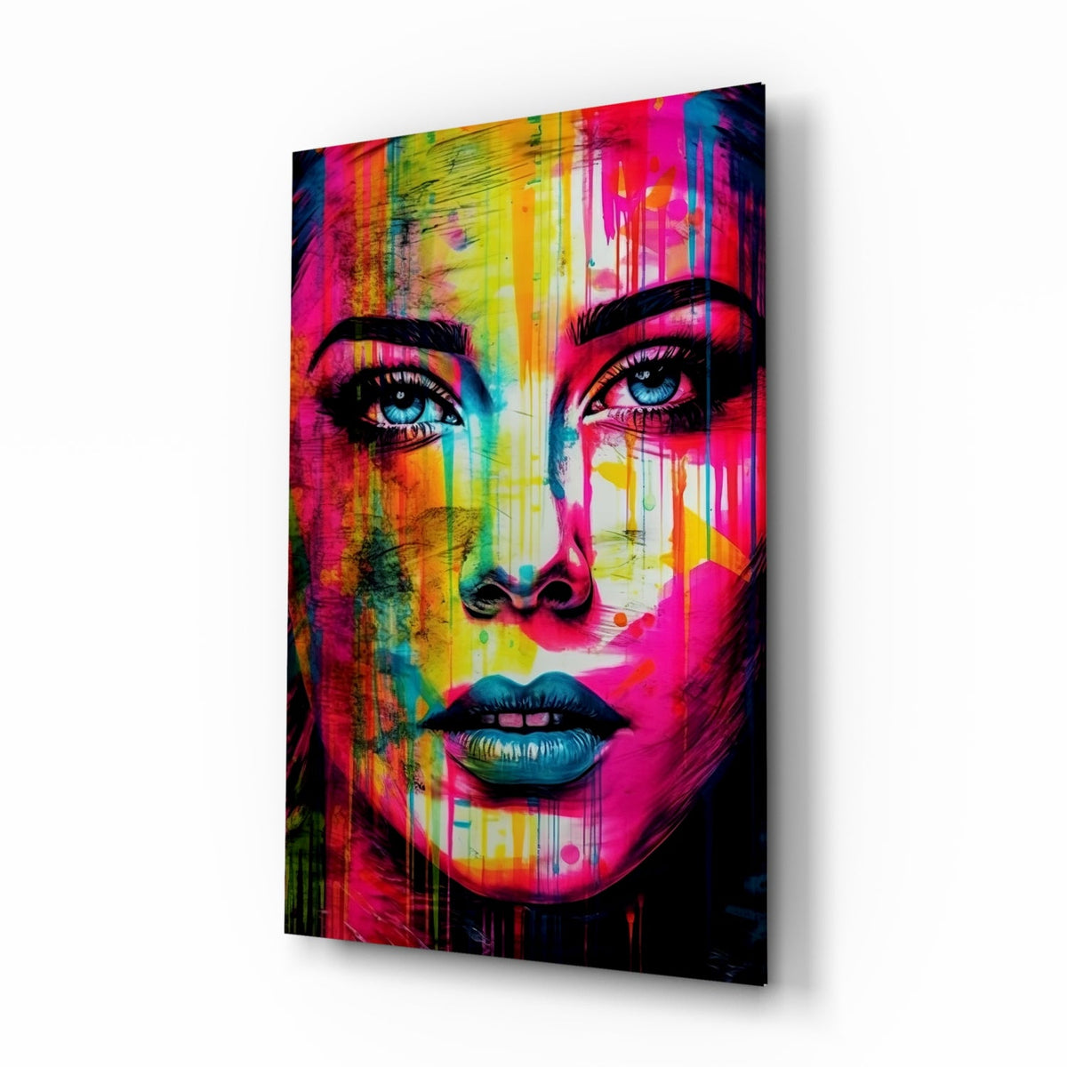 Neon drip portrait woman glass wall art shown at an angle on a white background