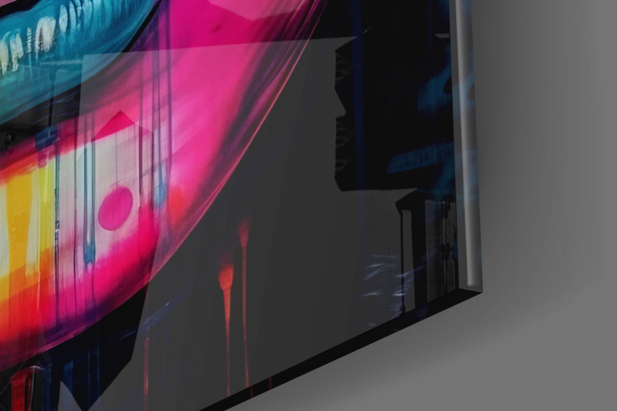 Neon drip portrait woman glass wall art edge close-up showing the glossy glass surface