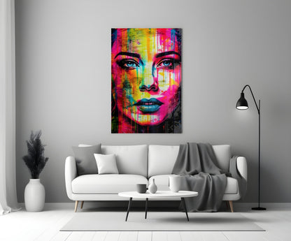 Neon drip portrait woman glass wall art above a white sofa in a gray living room with a black floor lamp