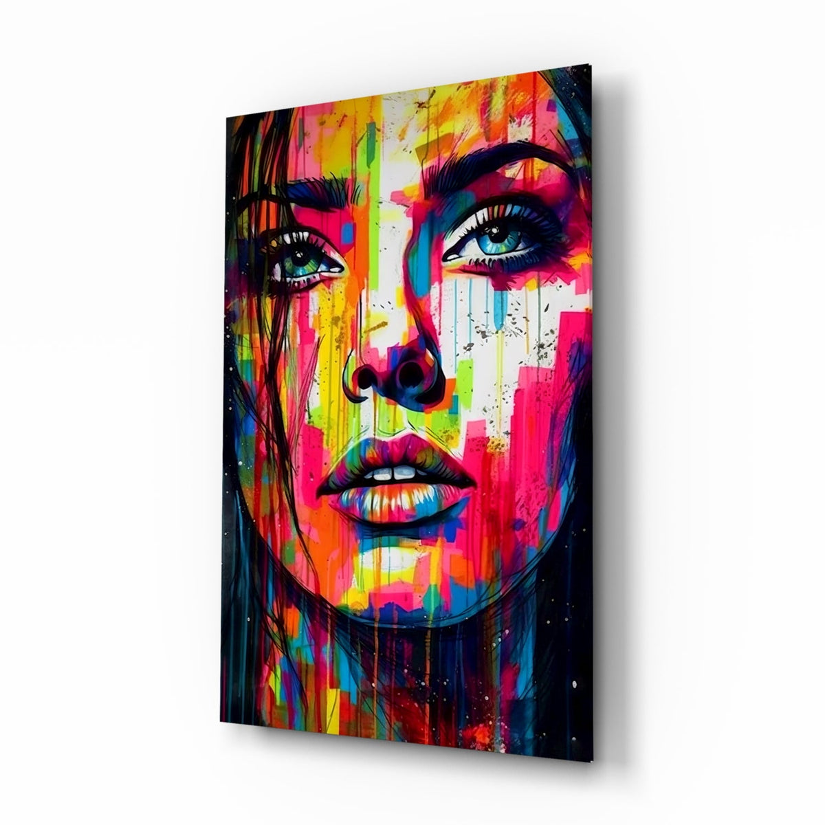 Rainbow paint drip woman face glass wall art angled on a white background