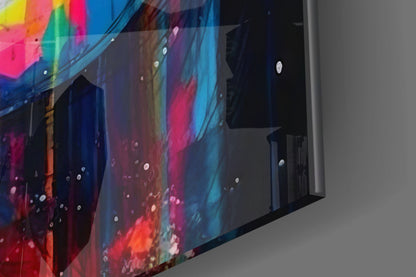 Close-up of the glossy tempered glass edge of the rainbow paint drip woman face piece