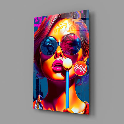 Neon Sunglasses Lollipop Girl Glass Wall Art