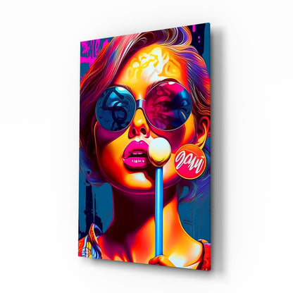 Neon sunglasses lollipop girl glass wall art