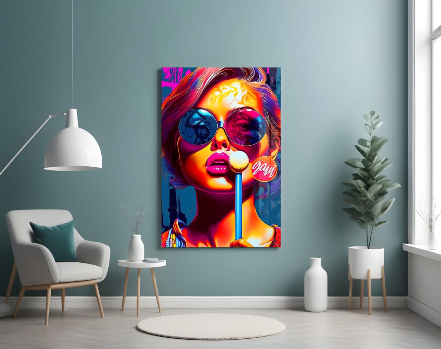 Neon Sunglasses Lollipop Girl Glass Wall Art