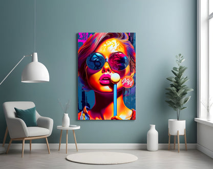 Neon Sunglasses Lollipop Girl Glass Wall Art