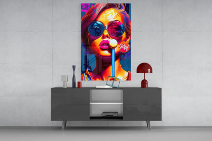 Neon Sunglasses Lollipop Girl Glass Wall Art