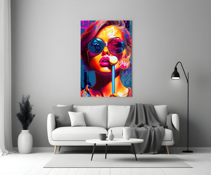 Neon Sunglasses Lollipop Girl Glass Wall Art