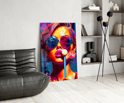 Neon Sunglasses Lollipop Girl Glass Wall Art