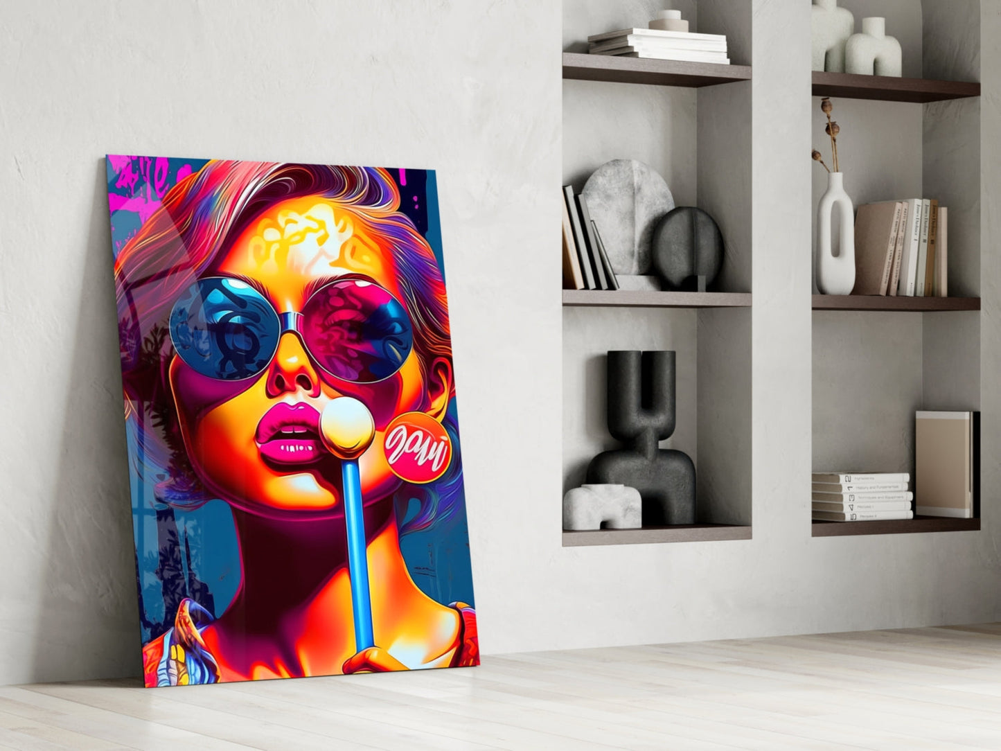 Neon Sunglasses Lollipop Girl Glass Wall Art