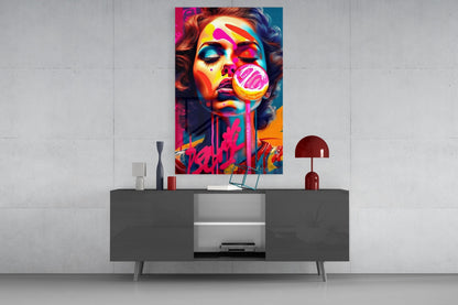 Pink Lollipop Woman Glass Wall Art