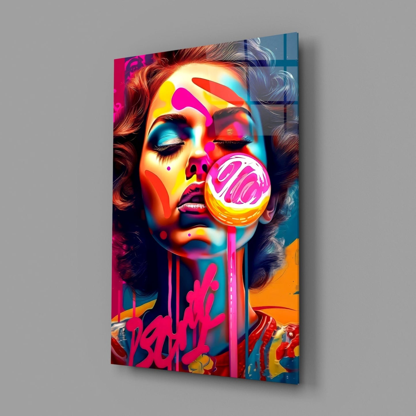 Pink Lollipop Woman Glass Wall Art