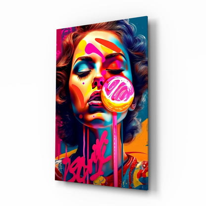 Pink lollipop woman glass wall art