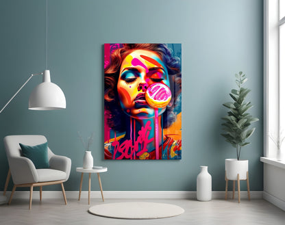 Pink Lollipop Woman Glass Wall Art