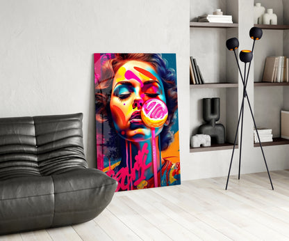 Pink Lollipop Woman Glass Wall Art