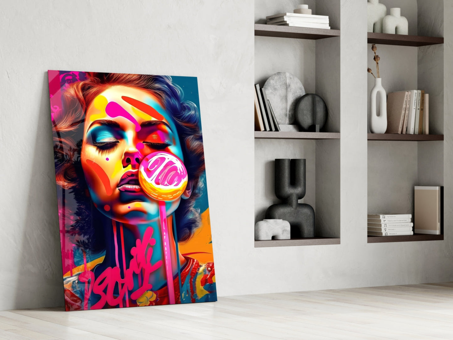 Pink Lollipop Woman Glass Wall Art