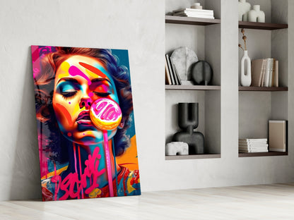 Pink Lollipop Woman Glass Wall Art