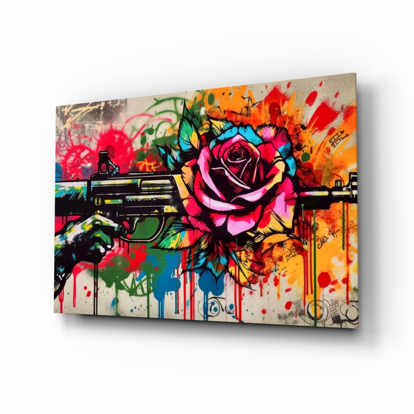 Rose Bullet glass wall art with graffiti-style rifle and rose