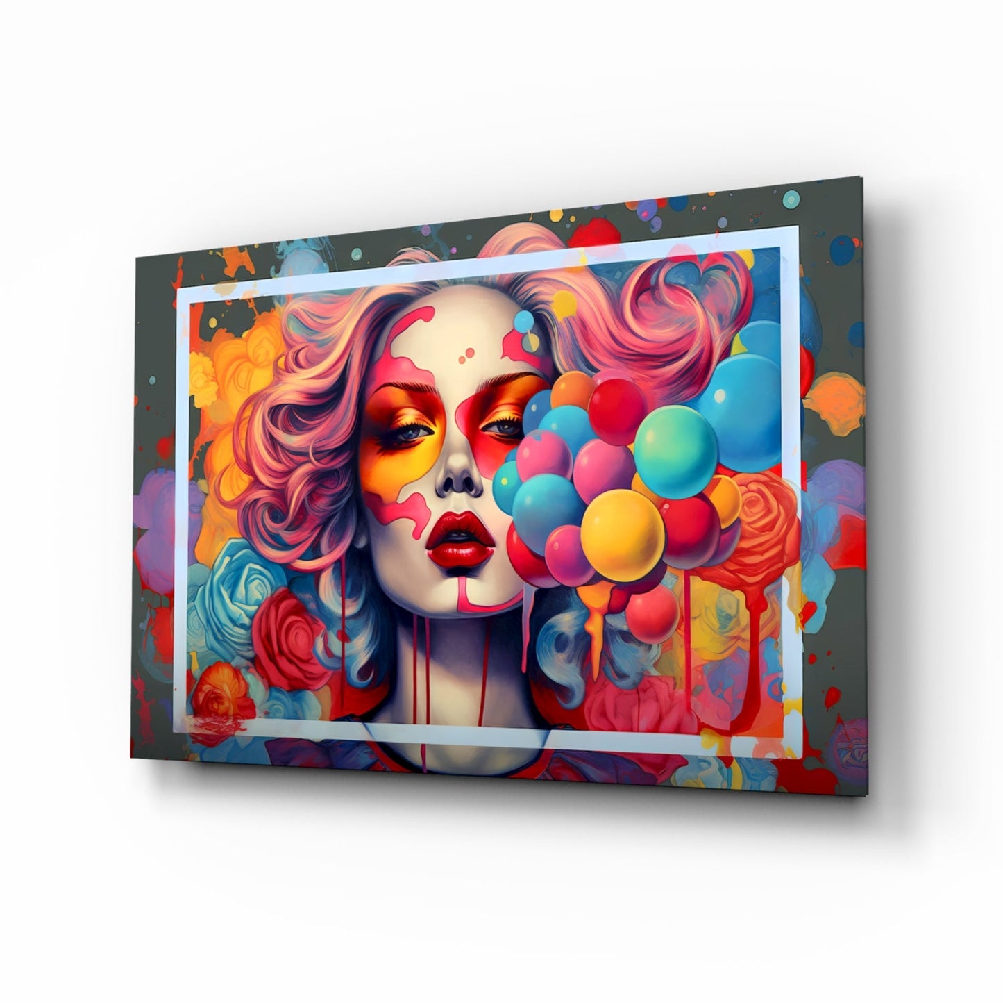 Balloons and the Kiss Glass Wall Art - pop-art muse with balloons on tempered glass