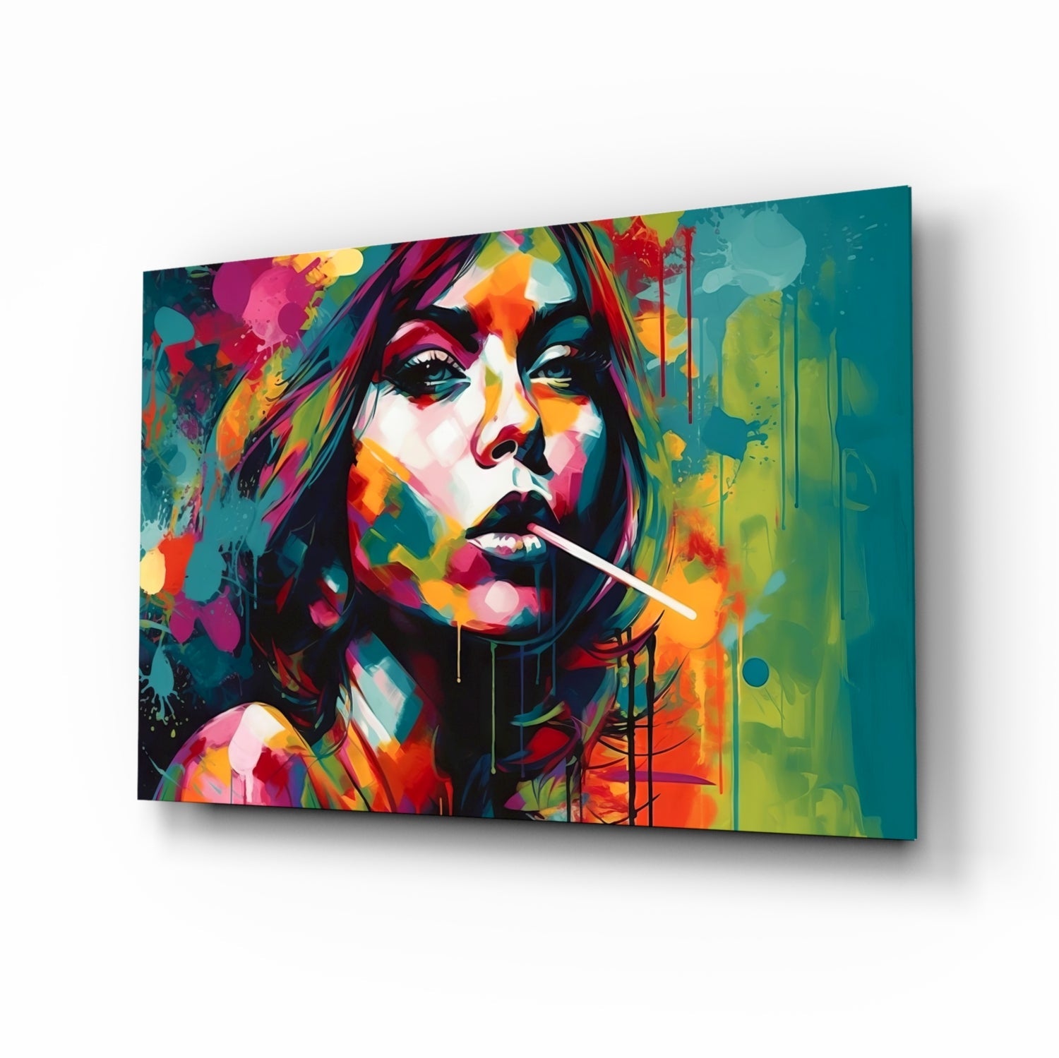 Teal painted woman glass wall art