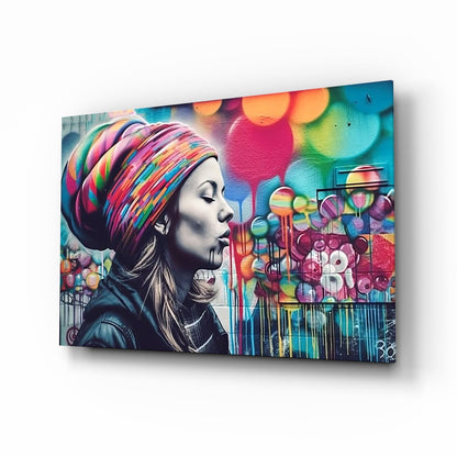 Rainbow turban woman glass wall art, black-and-white profile with street-art color bursts