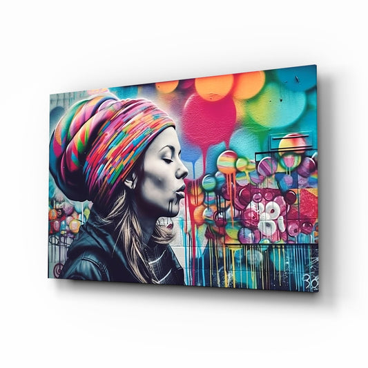 Rainbow turban woman glass wall art, black-and-white profile with street-art color bursts