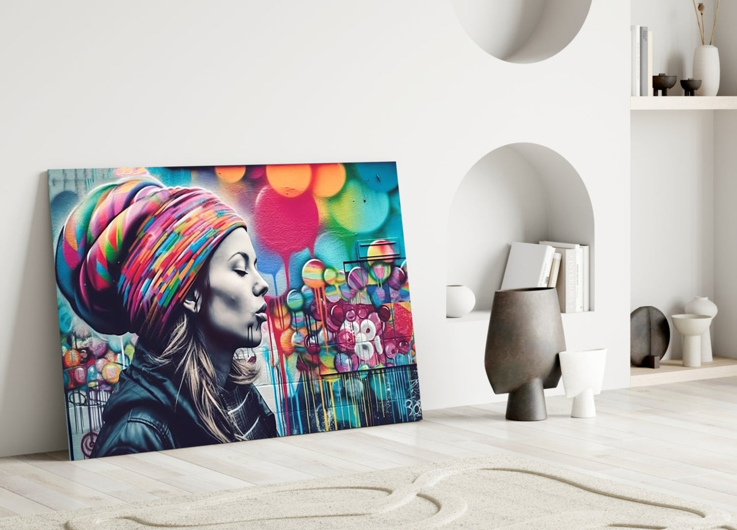 Rainbow Turban Woman Glass Wall Art