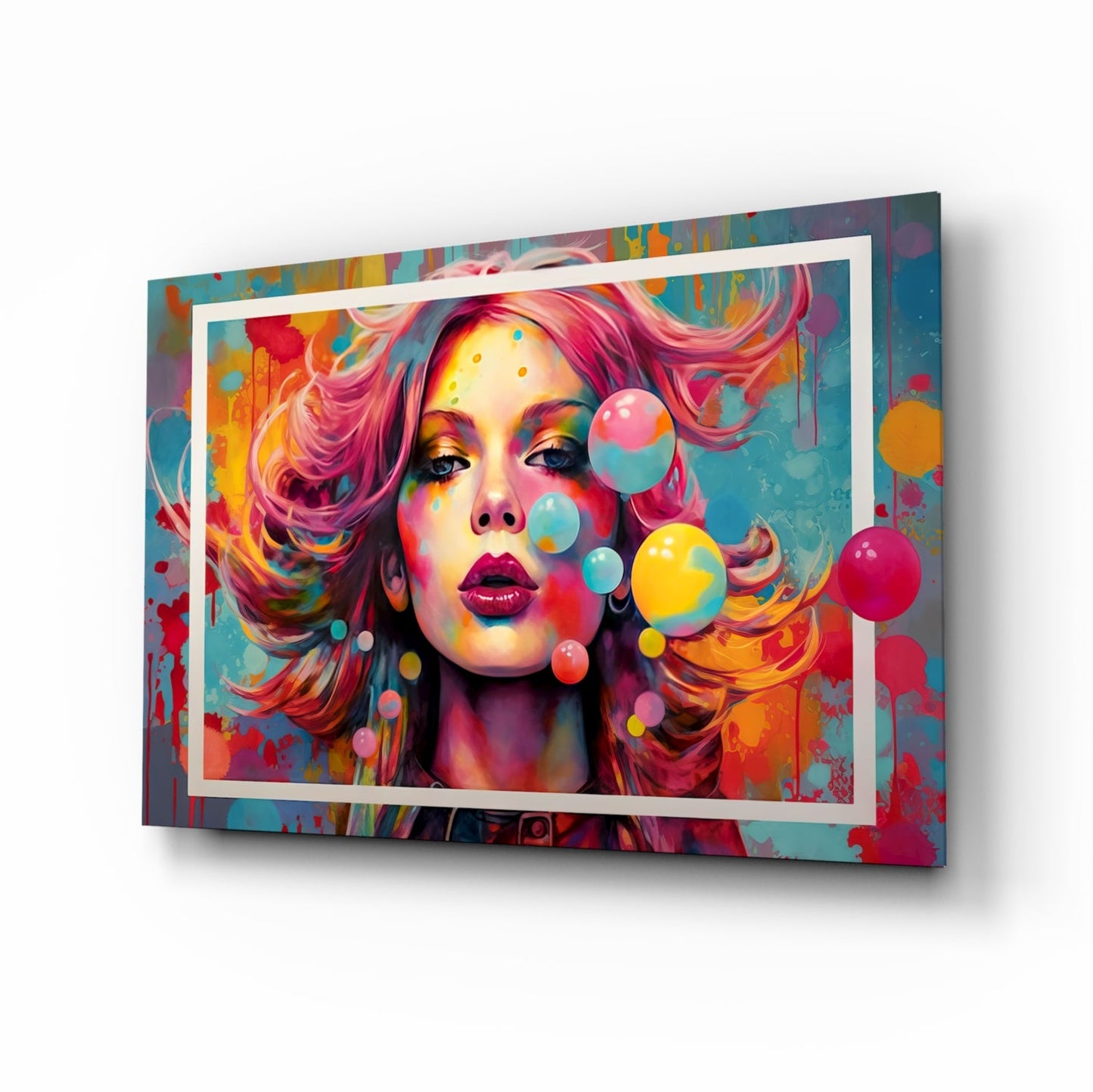 Bubbles and Kisses pop-art portrait glass wall art