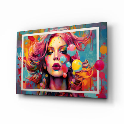 Bubbles and Kisses pop-art portrait glass wall art
