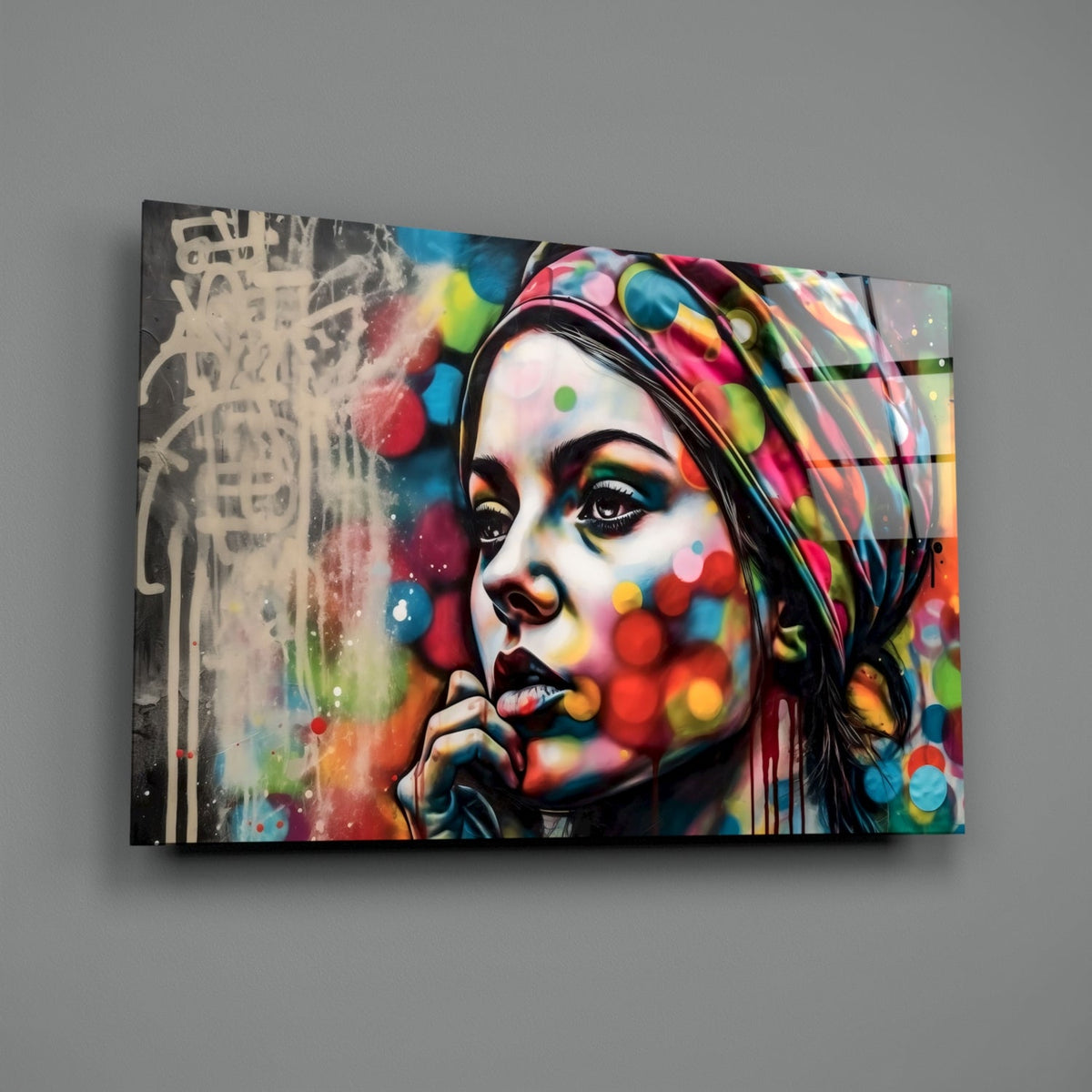 Woman in a polka dot turban glass wall art on a gray wall, angled view