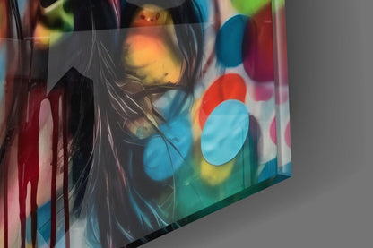 Close-up of the glossy tempered glass edge of the woman in a polka dot turban piece