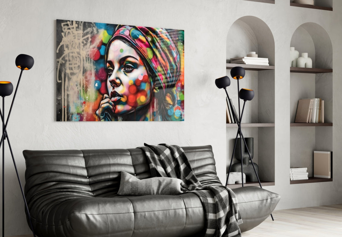 Woman in a polka dot turban glass wall art above a black leather sofa beside arched shelves