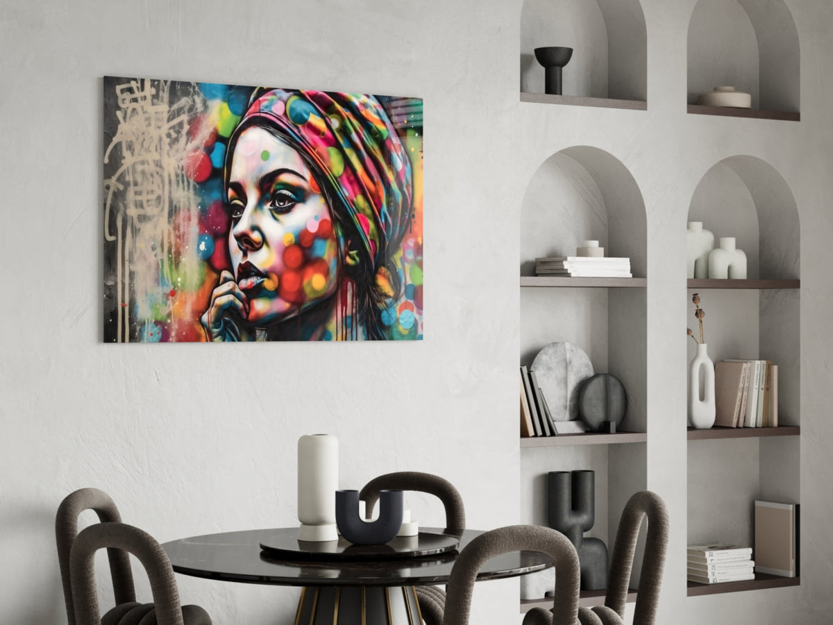 Woman in a polka dot turban glass wall art above a round dining table beside arched shelves
