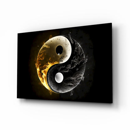 Yin yang fire and smoke glass wall art, gold flame and charcoal smoke on black