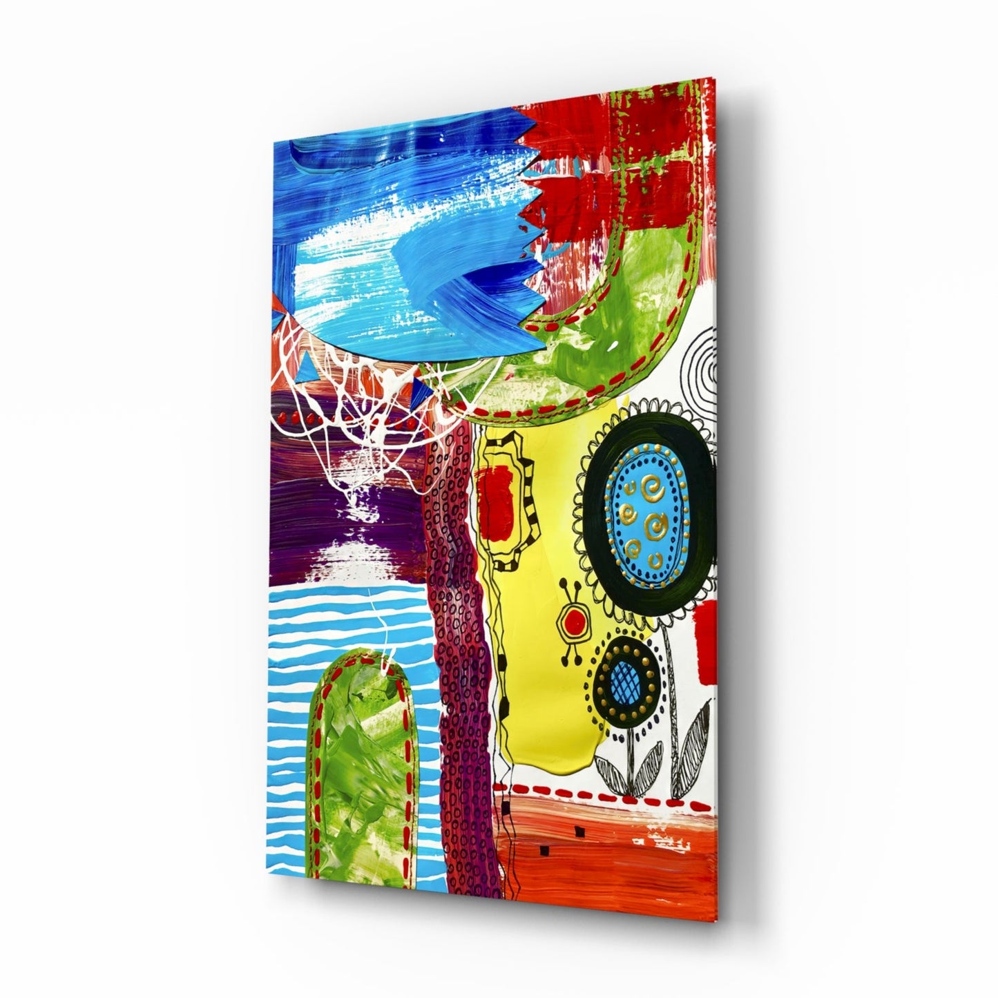 Folk flower doodle abstract glass wall art