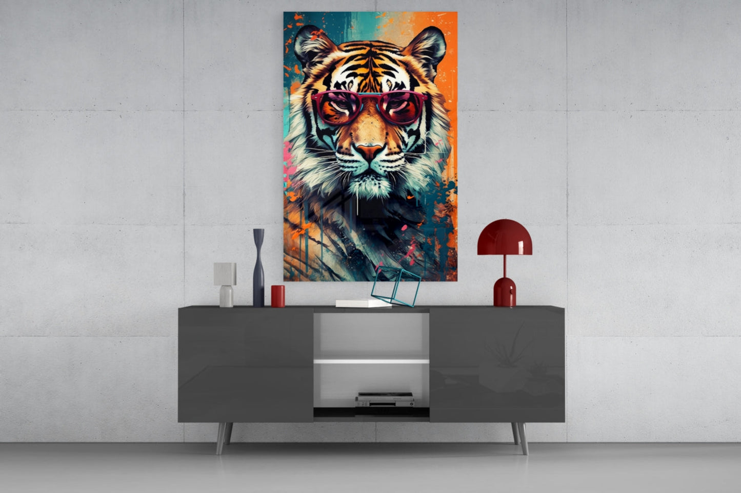 Teal and Orange Tiger Glass Wall Art