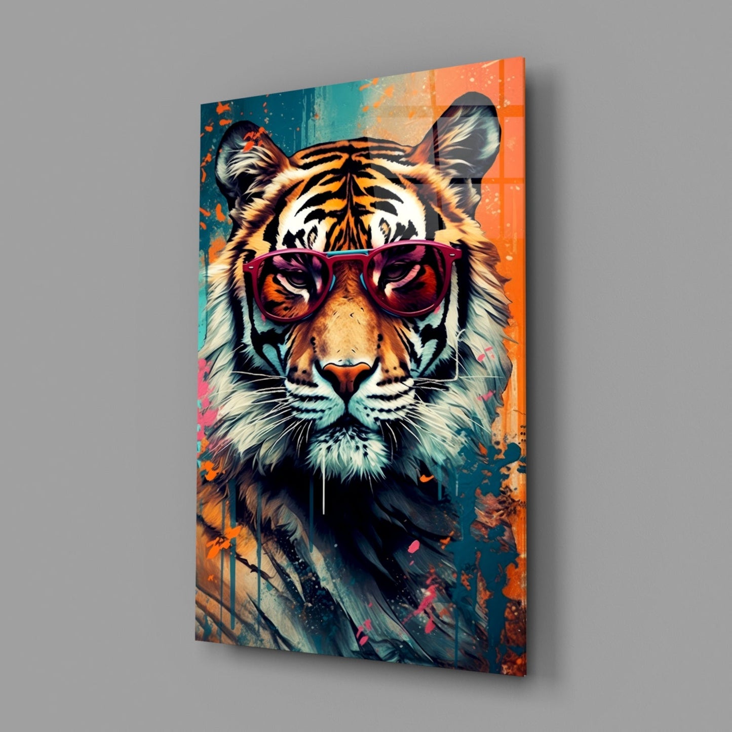 Teal and Orange Tiger Glass Wall Art