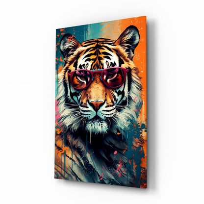 Teal and orange pop art tiger glass wall art