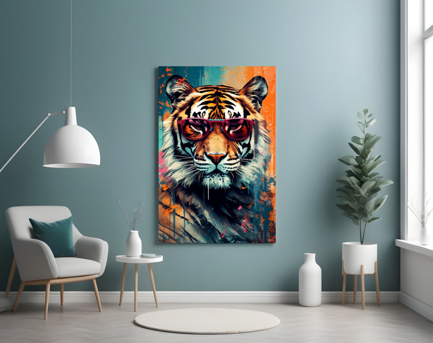 Teal and Orange Tiger Glass Wall Art
