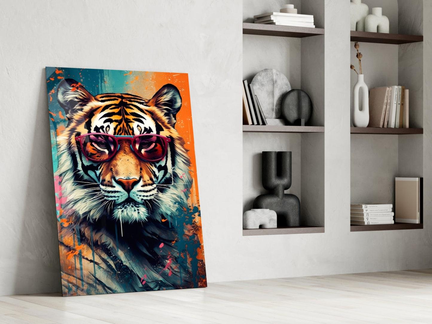 Teal and Orange Tiger Glass Wall Art