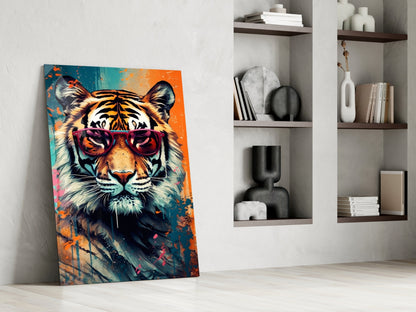 Teal and Orange Tiger Glass Wall Art