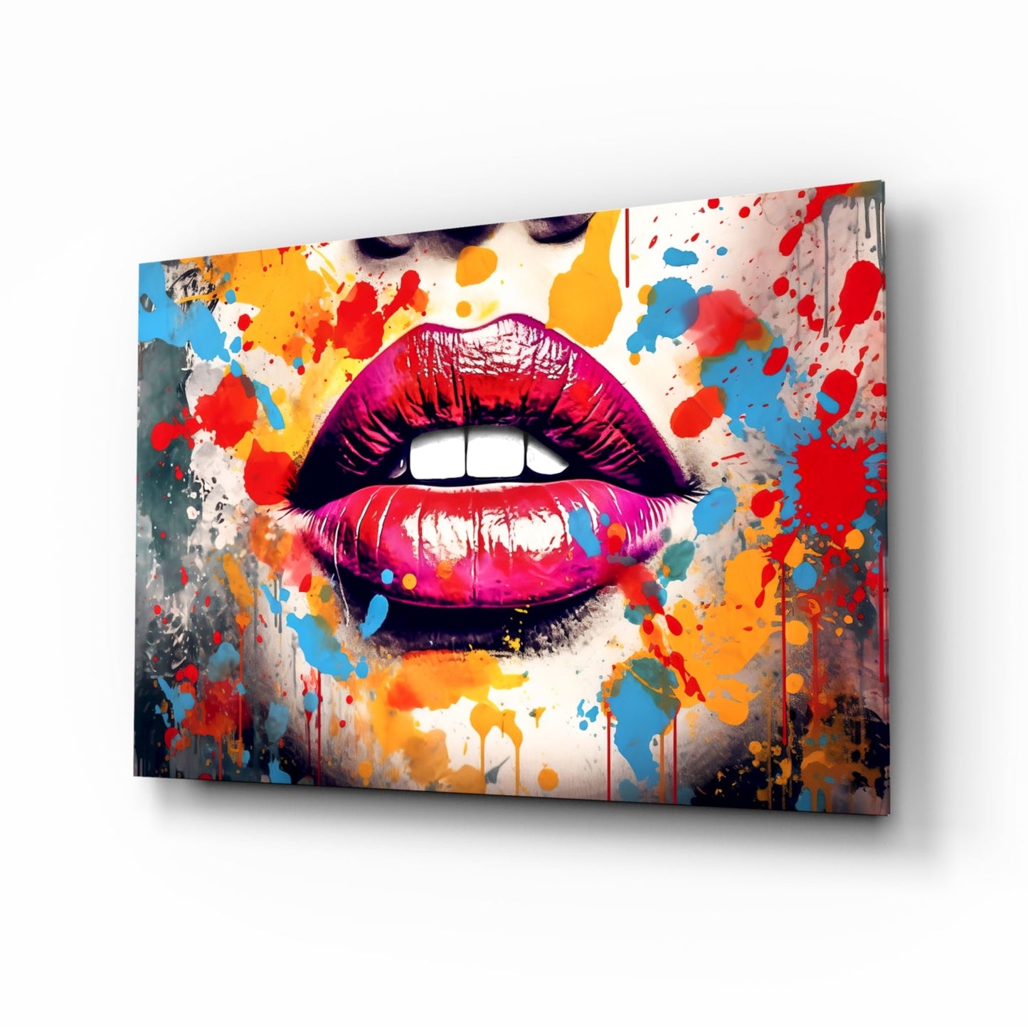 Red Lip glass wall art featuring bold pop-art lips design