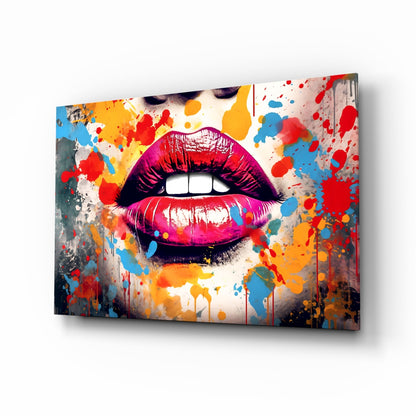 Red Lip glass wall art featuring bold pop-art lips design