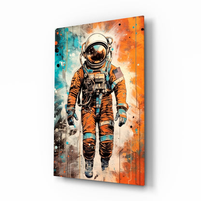 Astronaut glass wall art in turquoise and tangerine, comic style on high-gloss tempered glass