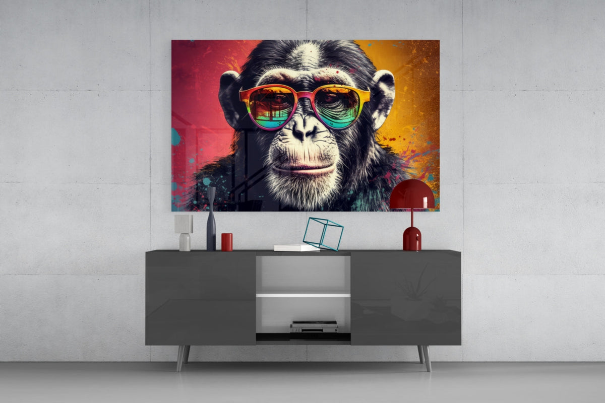 Chimp in rainbow sunglasses glass wall art above a gray sideboard with a red lamp on a concrete wall