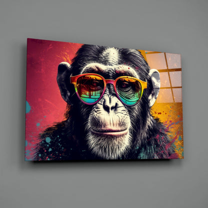 Chimp in rainbow sunglasses glass wall art angled against a soft gray backdrop