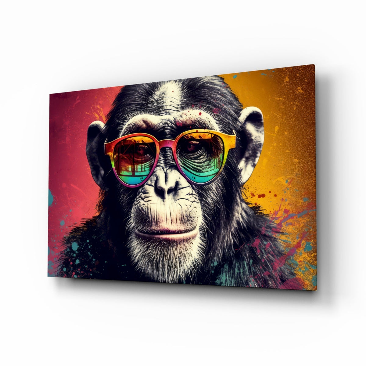 Chimp in rainbow sunglasses glass wall art shown on a plain white background