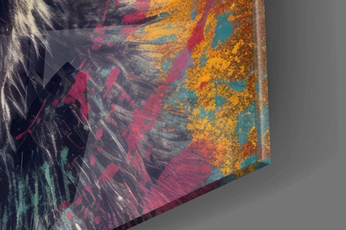 Close-up of the glossy tempered glass edge on the Chimp in rainbow sunglasses glass wall art