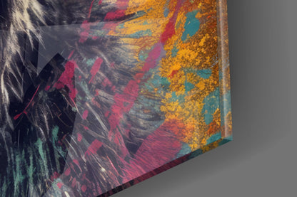 Close-up of the glossy tempered glass edge on the Chimp in rainbow sunglasses glass wall art