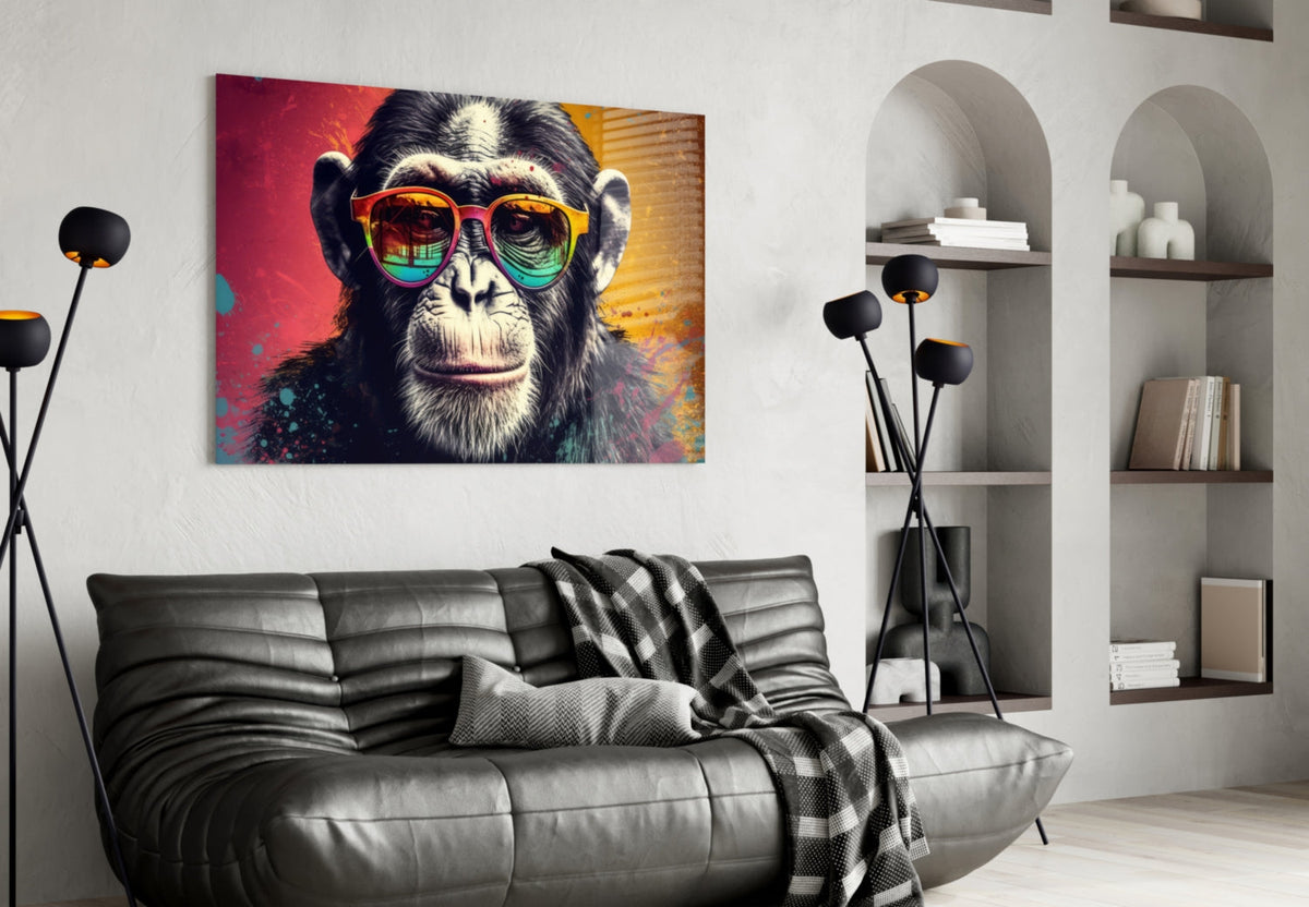 Chimp in rainbow sunglasses glass wall art above a black leather sofa beside white arched shelves