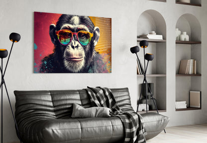 Chimp in rainbow sunglasses glass wall art above a black leather sofa beside white arched shelves
